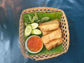 High angle view of breakfast on table