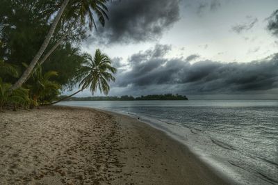 Scenic view of beach against cloudy sky