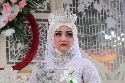 Close-up of bride during wedding ceremony