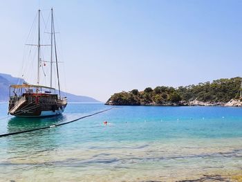 Sailboat sailing in sea against clear blue sky