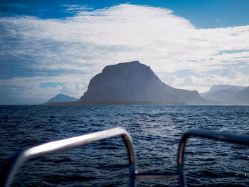 Scenic view of sea and mountains against sky