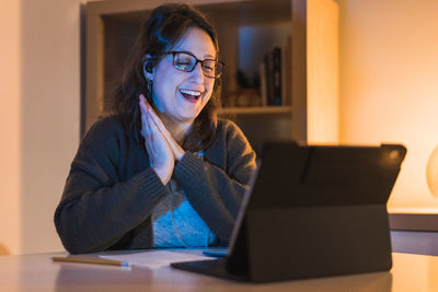 White woman working from home