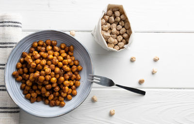 High angle view of fruits in bowl on table