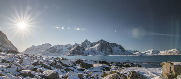 Scenic view of snowcapped mountains by sea against sky