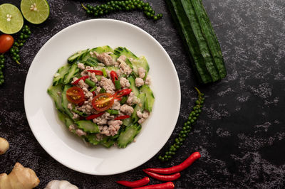 High angle view of salad in bowl on table