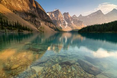 Scenic view of lake and mountains against sky