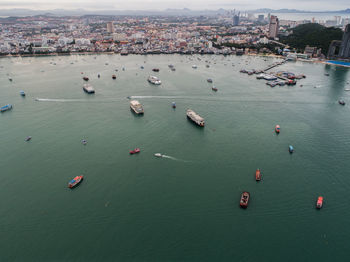 High angle view of boats in sea