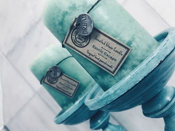 High angle view of text on old table