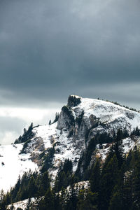 Low angle view of snowcapped mountains against sky