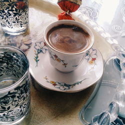 High angle view of drink on table