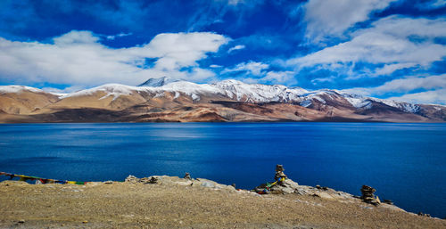 Panoramic view of lake by snowcapped mountains against sky