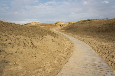 People walking through desert on a boardwalk