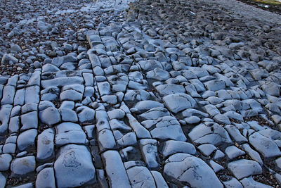 High angle view of stones on snow