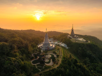 High angle view of townscape against sky during sunset