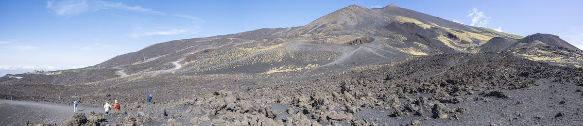 Extra wide angle view of the etna volcano with its craters, lava and lunar landscape