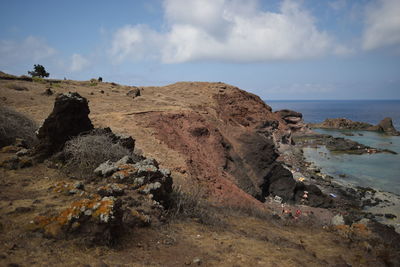 Rocks on shore by sea against sky