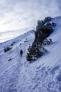 Person on snowcapped mountain against sky