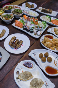 High angle view of food served on table