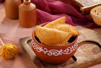 High angle view of dessert in bowl on table