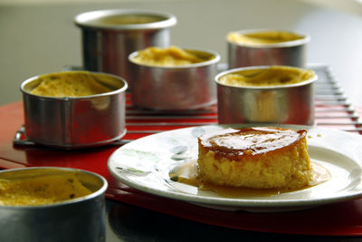 Close-up of cake served on table