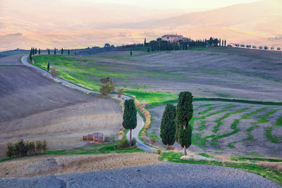 People on road amidst field against sky during sunset