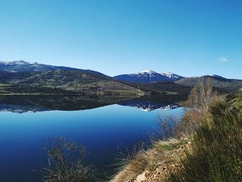 Scenic view of lake and mountains against clear blue sky