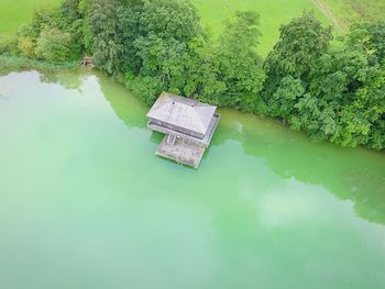 High angle view of house by lake 