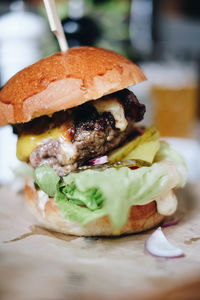 Close-up of burger in plate on table