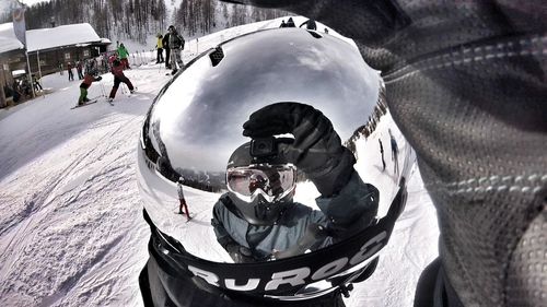 High angle view of people on snow