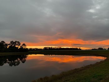Scenic view of lake against sky during sunset