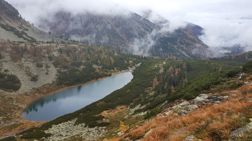 Scenic view of lake and mountains against sky