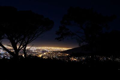 Silhouette trees on landscape against sky at night