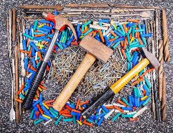 High angle view of work tools