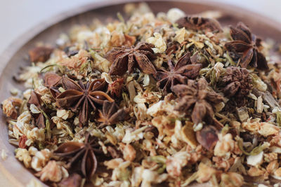 High angle view of dry leaves in bowl