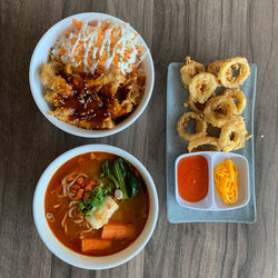 High angle view of food served on table