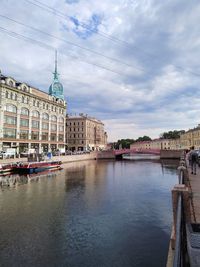 Bridge over river in city against cloudy sky