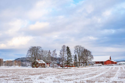 Farm on a field with snow and frost