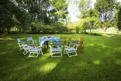Empty chairs and tables in park