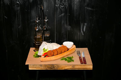 Food on table against wall