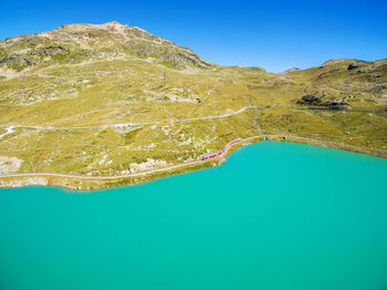 Scenic view of lake against clear blue sky