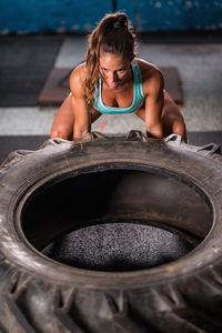 High angle view of young woman in water