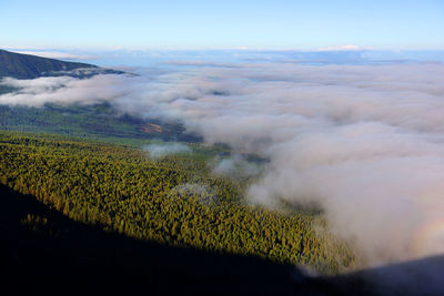 High angle view of clouds covering green landscape