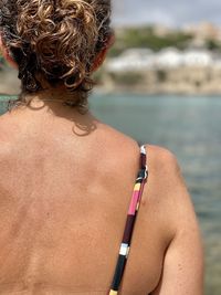 Rear view of shirtless woman at beach