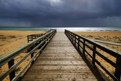 Boardwalk leading towards sea against sky