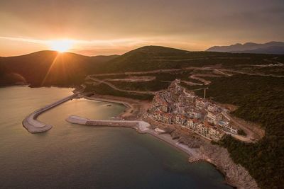 High angle view of river at sunset