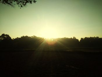 Silhouette trees on field against sky at sunset