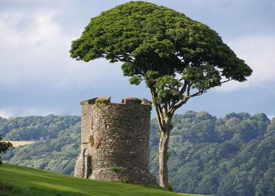 Scenic view of trees and mountains against sky