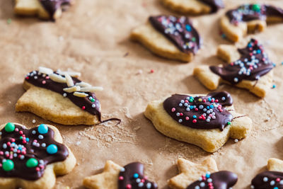 High angle view of cookies on table