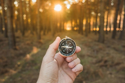 Cropped hand holding navigational compass