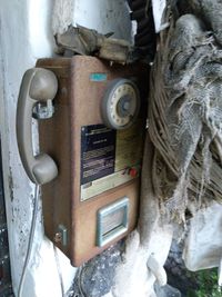 Close-up of old telephone booth